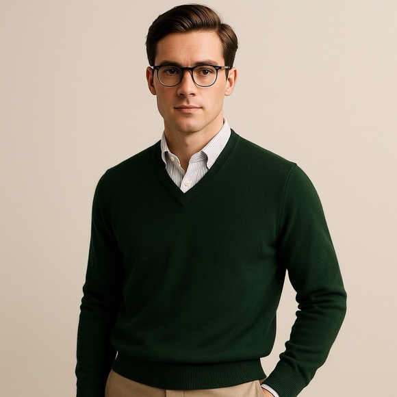 Vintage Peter Scott 100% Wool V-Neck Sweater Forest Green Made in Scotland - Picture 1 of 4